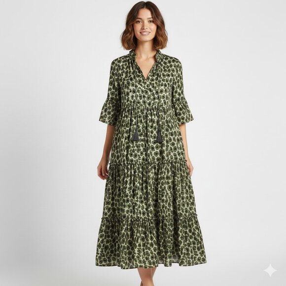 Rungolee Silk Green Leopard Print Tiered Midi Dress XS - Picture 1 of 12